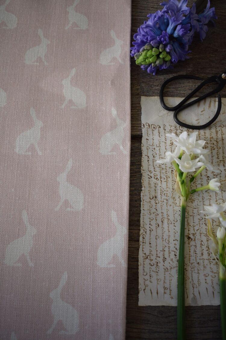Mini Hares ~ Pale Pink Icing Background On Cream Linen