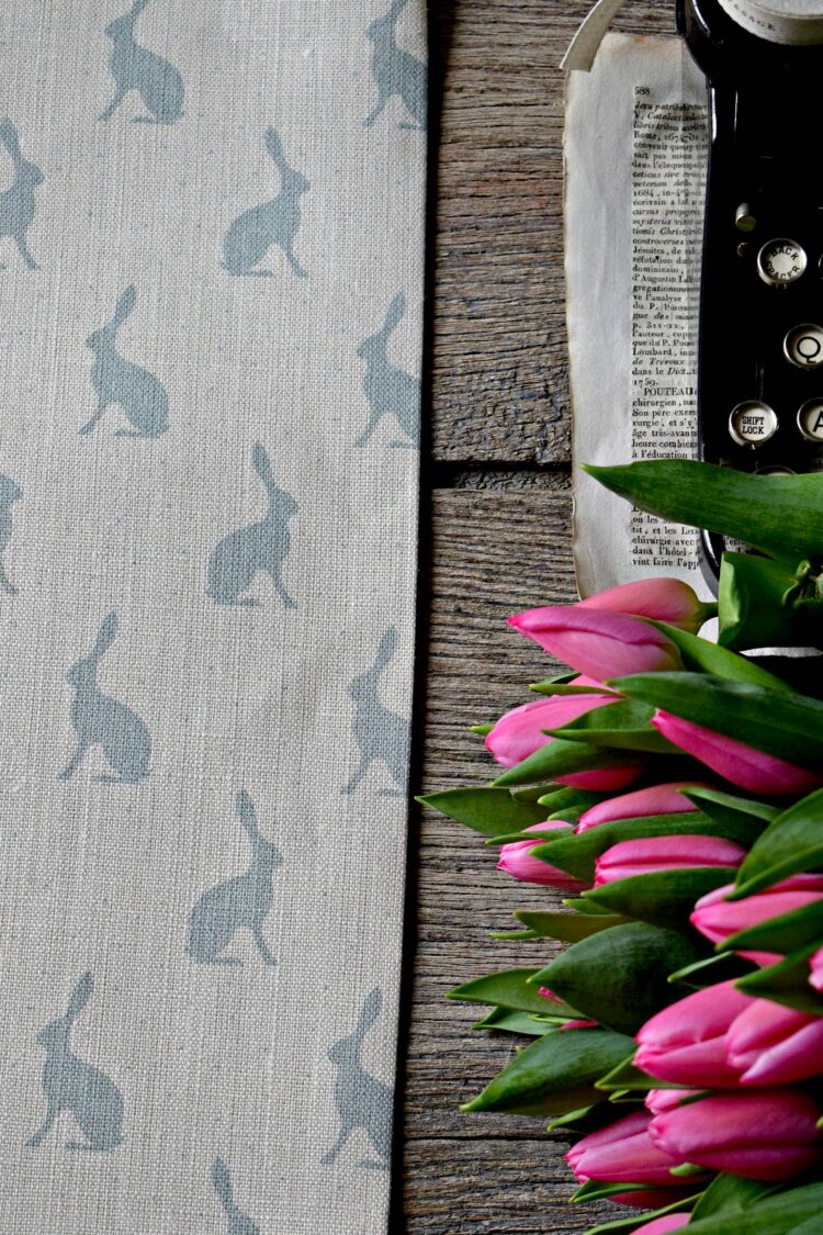 Mini Hares ~ Duck Egg On Cream Linen *