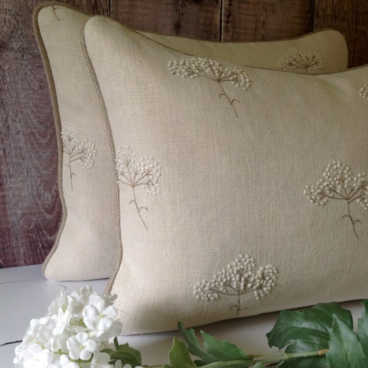 Stunning Handmade Hand Embroidered Cow Parsley Oblong Cushions £95.00
