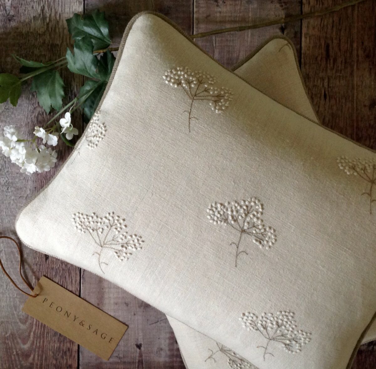 Stunning Handmade Hand Embroidered Cow Parsley Oblong Cushions £95.00