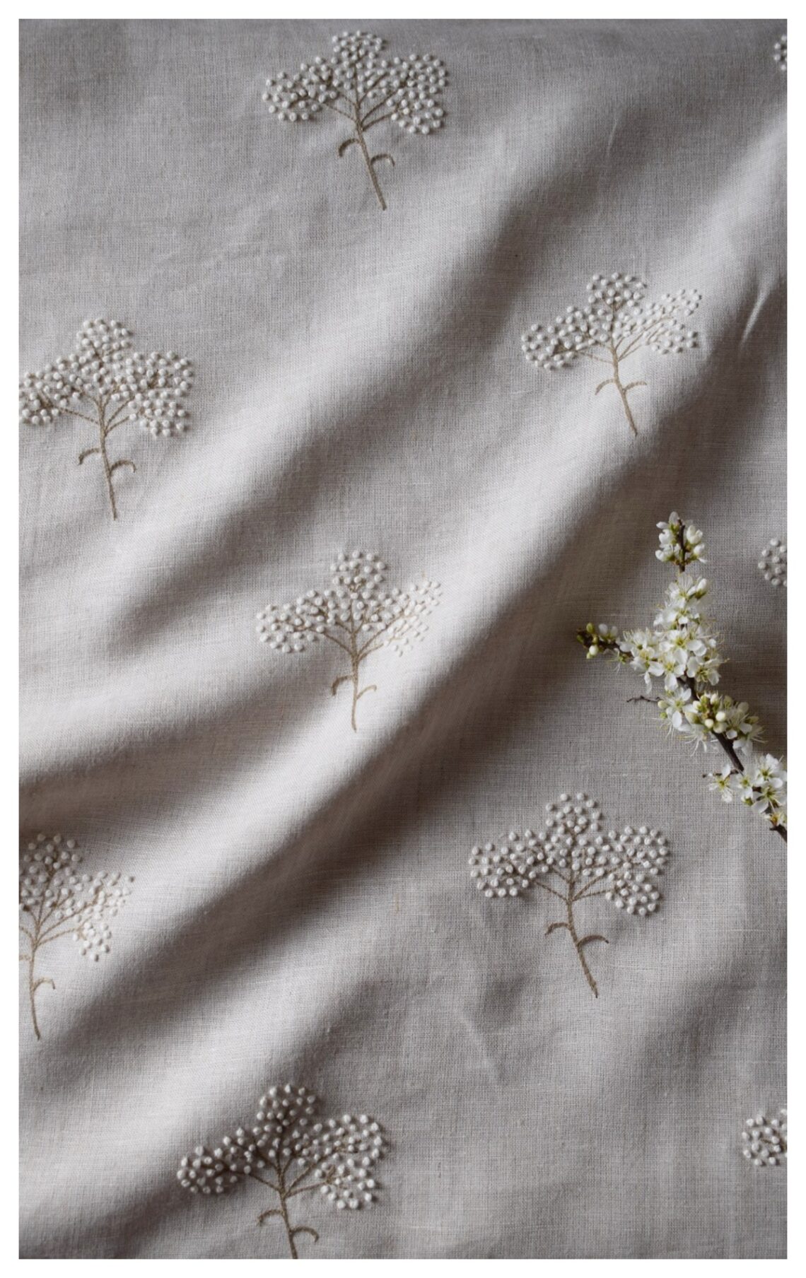 Hand Embroidered French Knot Cow Parsley on Floppy Natural Linen In