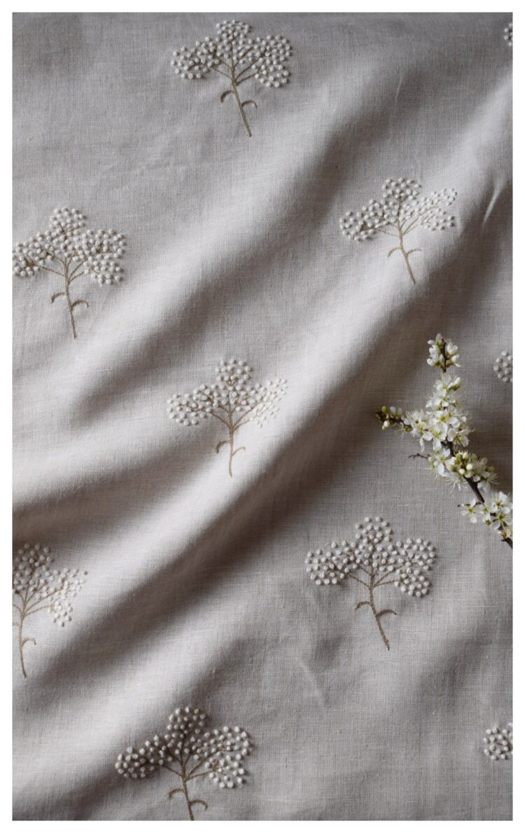 Hand Embroidered French Knot Cow Parsley on Floppy Natural Linen