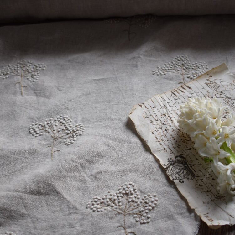 Hand Embroidered French Knot Cow Parsley on Floppy Natural Linen