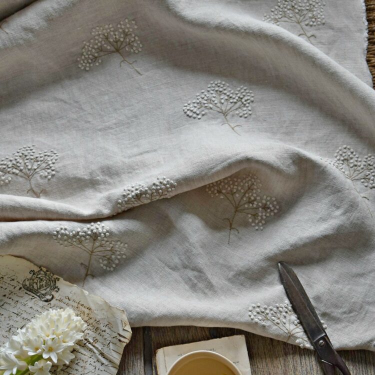 Hand Embroidered French Knot Cow Parsley on Floppy Natural Linen
