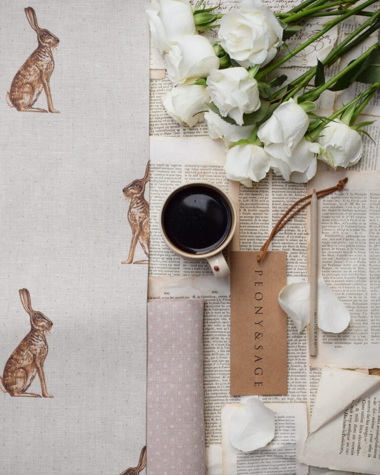 Mrs Hare ~ on Stone Linen with Andalusian Pink Dotted Background