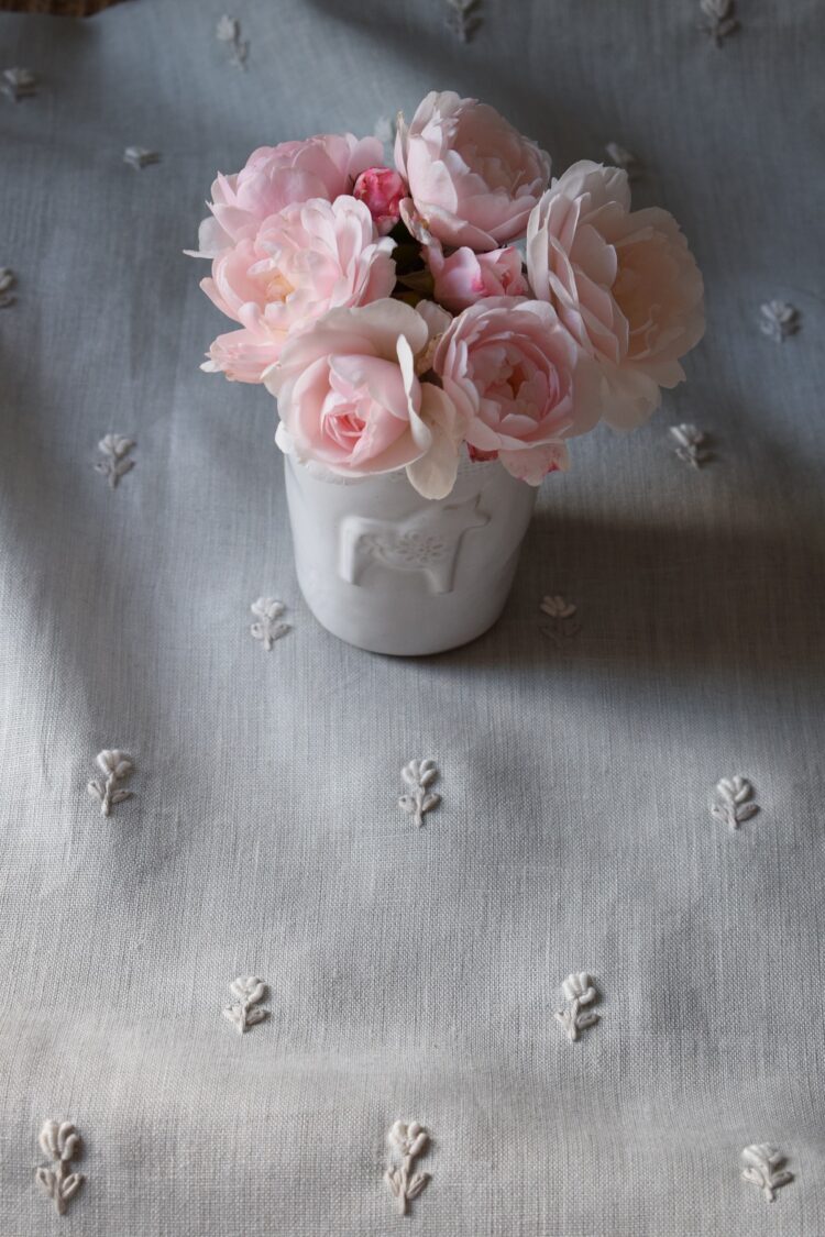 Pienza Hand Embroidered Sprigs ~ Stone/Ivory on Grey Linen