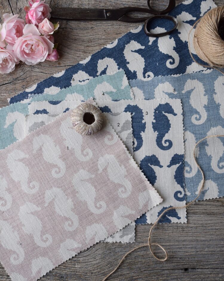 Seahorses ~ Squid Ink Blue Positive on Cream Linen (Fabric No 3 in the pile)