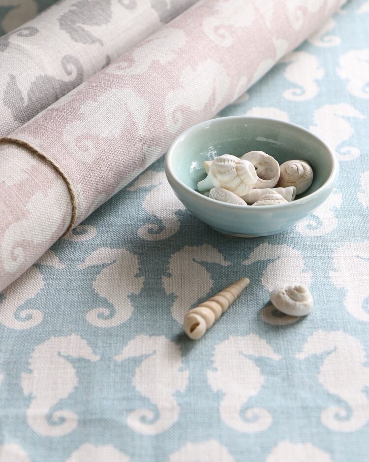 Seahorses ~ Amalfi Blue Background on Cream Linen *