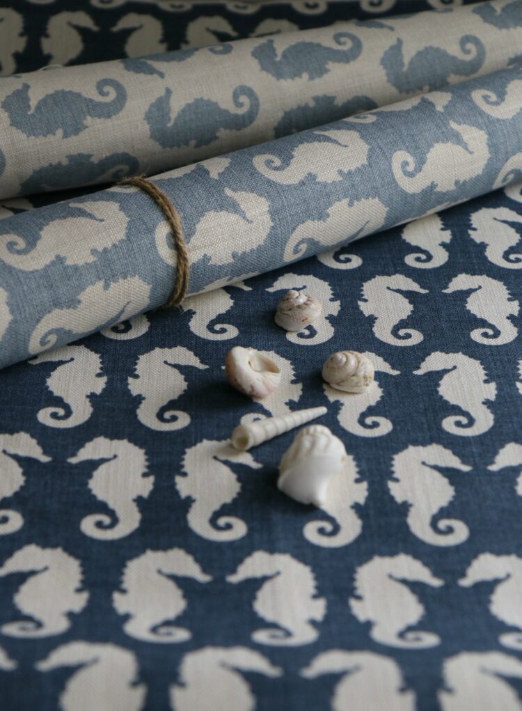 Seahorses ~ Squid Ink Blue Background on Cream Linen *