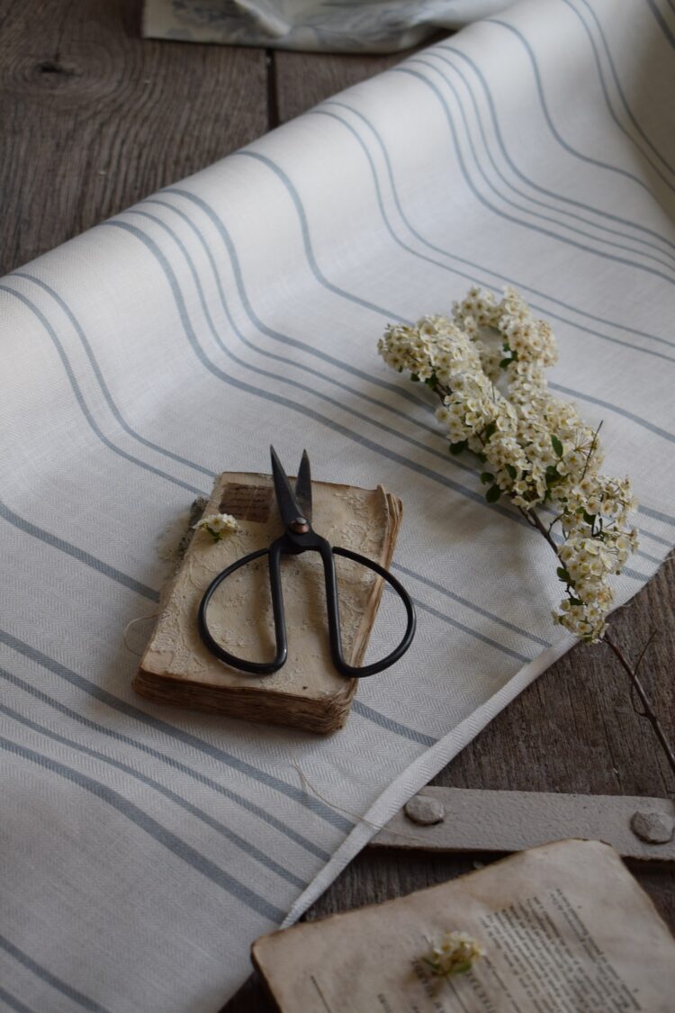 French Ticking ~ Rain on Luxurious Oyster White Herringbone Linen
