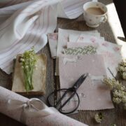 French Ticking ~ Pink Icing on Luxurious Oyster White Herringbone Linen - Image 3