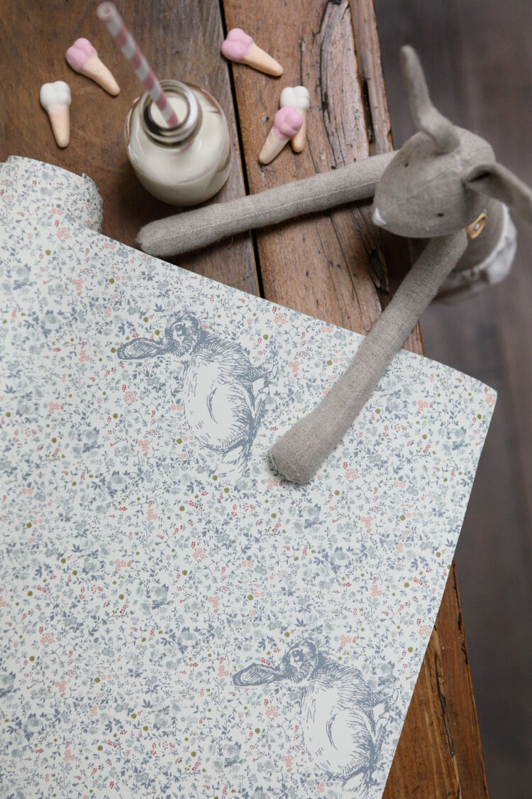 Girls Room 10 Delilah's Rabbit Slate Blue, Old Pink Floppy Linen, Slate Blue Linen, Bee & Blackberry Pomme
