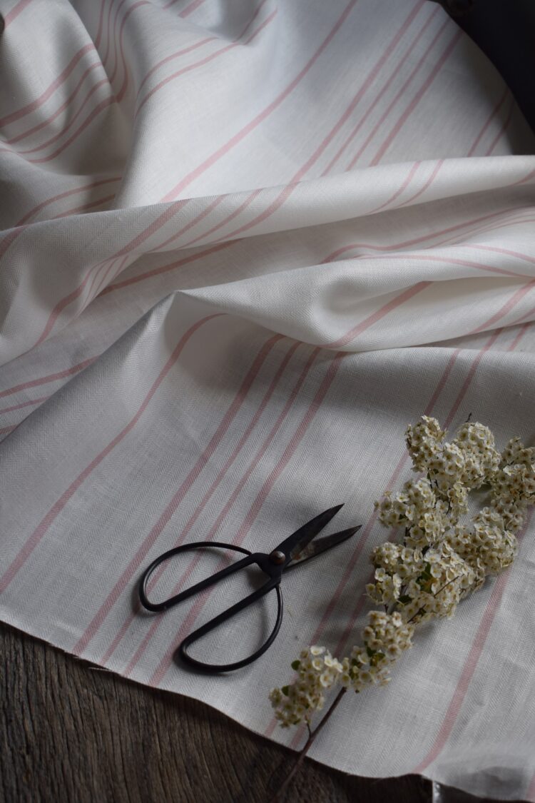French Ticking ~ Pink Icing on Luxurious Oyster White Herringbone Linen