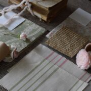 French Ticking ~ Grape on Smart Cream Herringbone Linen - Image 2