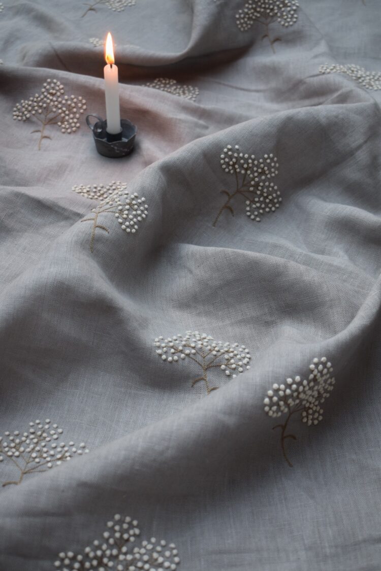 Hand Embroidered French Knot Cow Parsley on French Gray Linen IN STOCK NEXT DAY