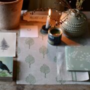 Mini Indian Trees ~ Emerald Green on Stone Linen - Image 2