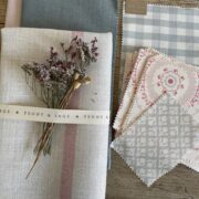 Suzanni Sky and Pink on Cream Herringbone or Ivory Linen - Image 2