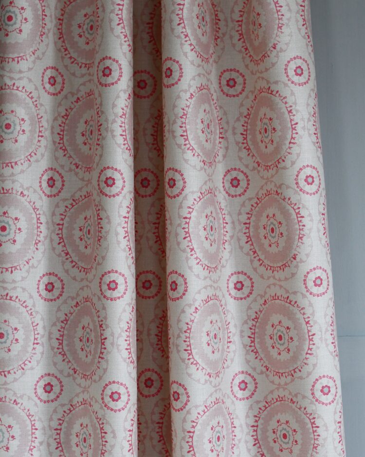 Suzanni Sky and Pink on Cream Herringbone or Ivory Linen