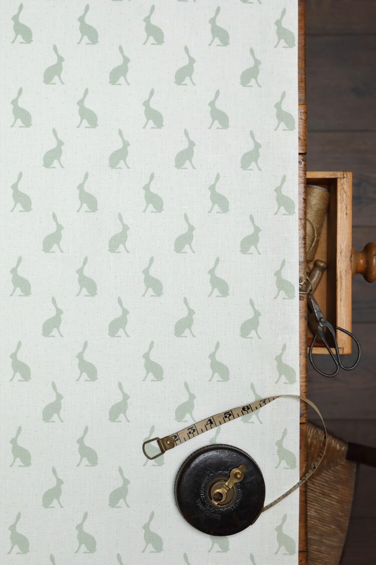 Mini Hares ~ Classic Green on Ivory Linen