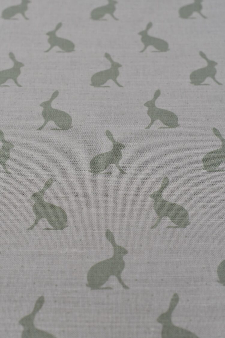 Mini Hares ~ Soft French Green on White Linen Union