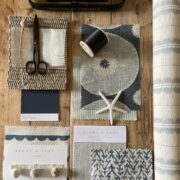Scallop Vertical Ticking Blava Blue + Parma Blue Dots On Ivory Linen - Image 2