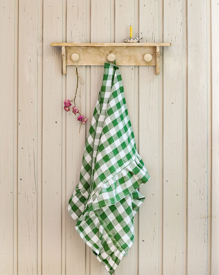 Beautiful Handmade Frilly Green Check Linen Tea Towels