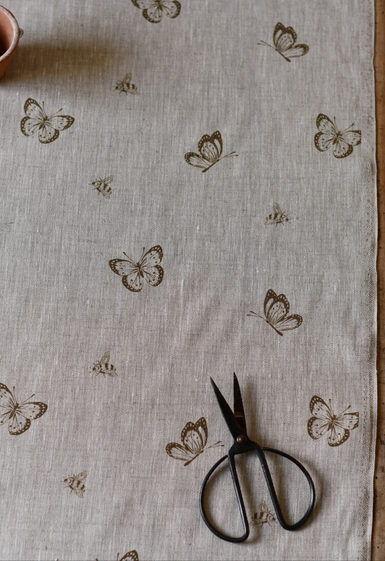 Bee and Butterfly in Olive on Dune Linen