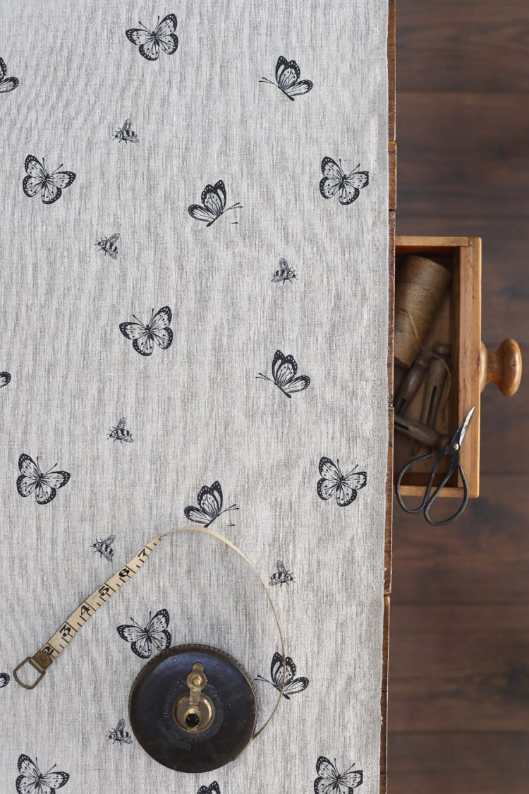 Bee and Butterfly in Blue Black on Dune Linen