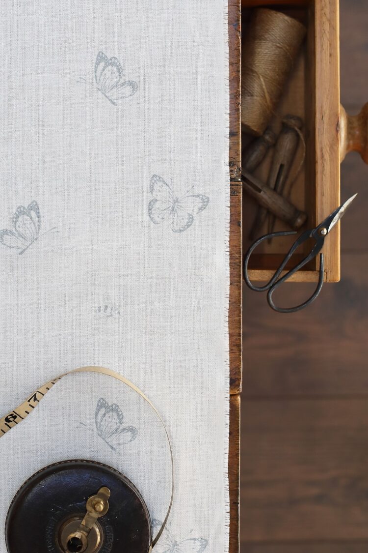 Bee and Butterfly in Rain on Oyster White Linen
