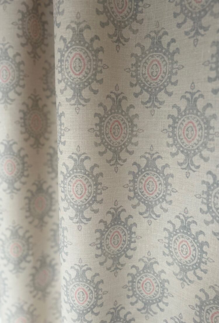 Ikat ~ Grande Gustavian Blue and Apple Rose on Cream Linen