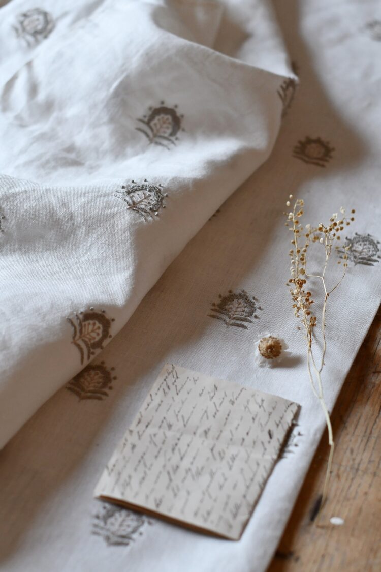 Palermo Embroidered Sprigs ~ Stone/Natural on Oyster White Linen