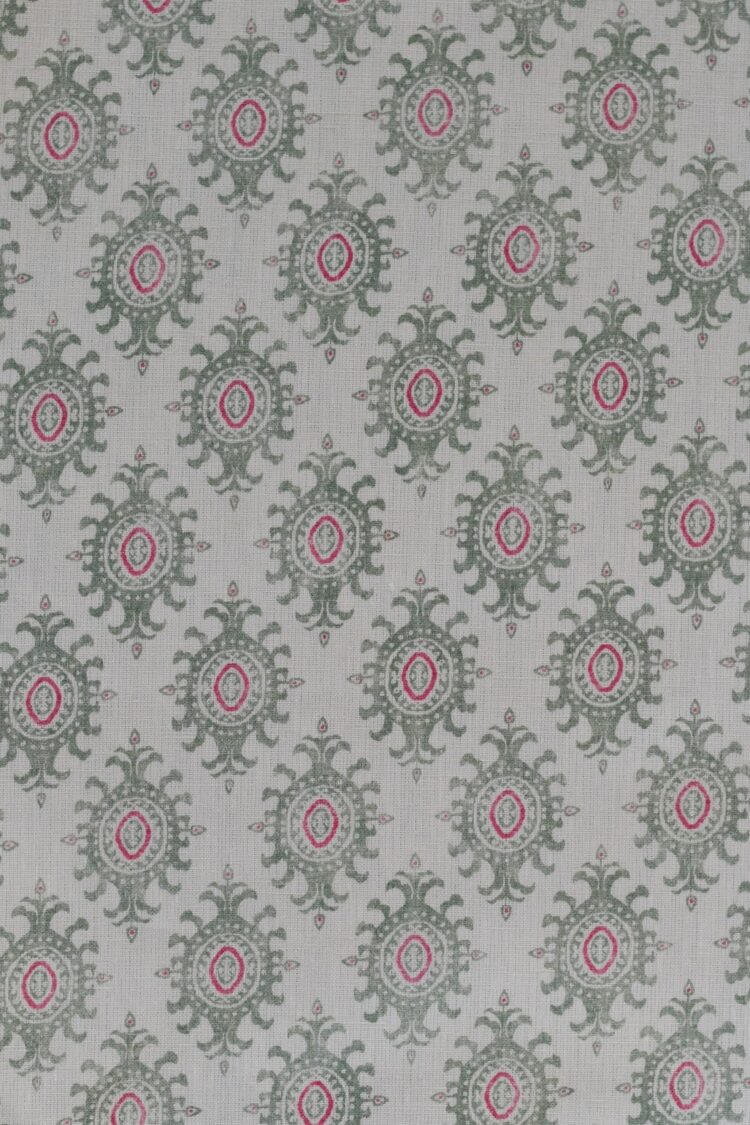 Ikat ~ Just Green and Tuscan Red on Ivory Linen