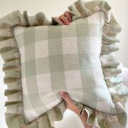 Stunning Handmade Frill Cushion in Large Sagey Green Check on Cream Linen - Image 3