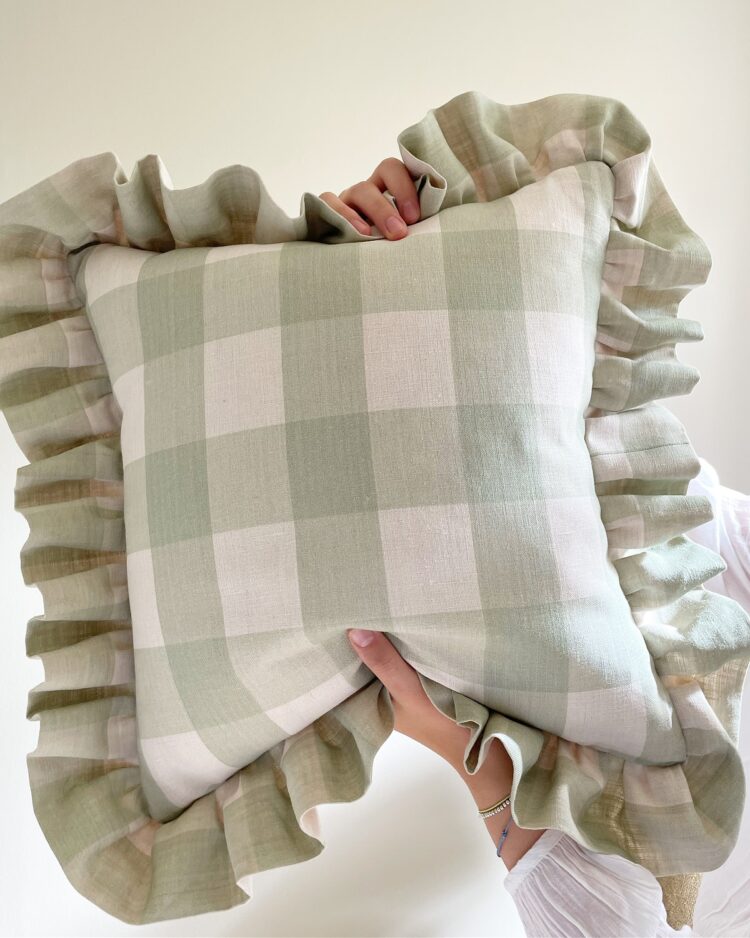 Stunning Handmade Frill Cushion in Large Sagey Green Check on Cream Linen