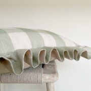 Stunning Handmade Frill Cushion in Large Sagey Green Check on Cream Linen - Image 2