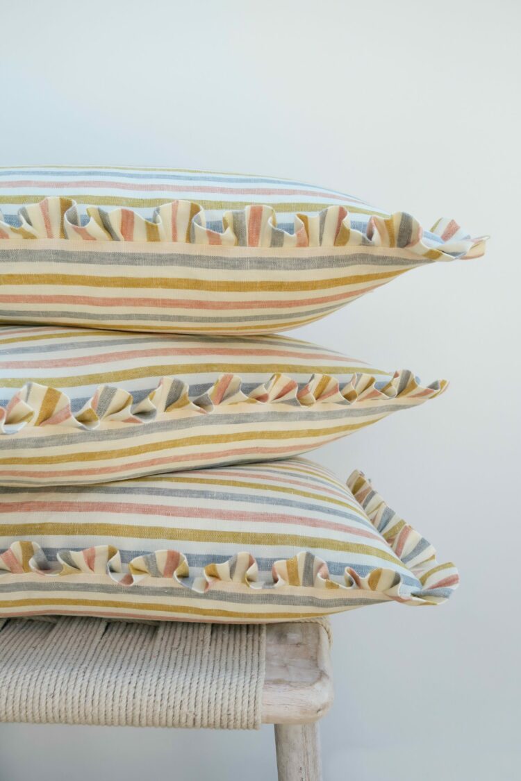 Stunning Handmade Oblong Frill Cushion in Tumbled Tulum Stripe Linen - CURRENTLY OUT OF STOCK