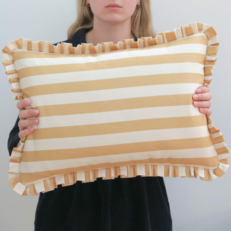 Stunning Handmade Oblong Frill Cushion in Hay Summer Stripe on Recycled Cotton £75.00