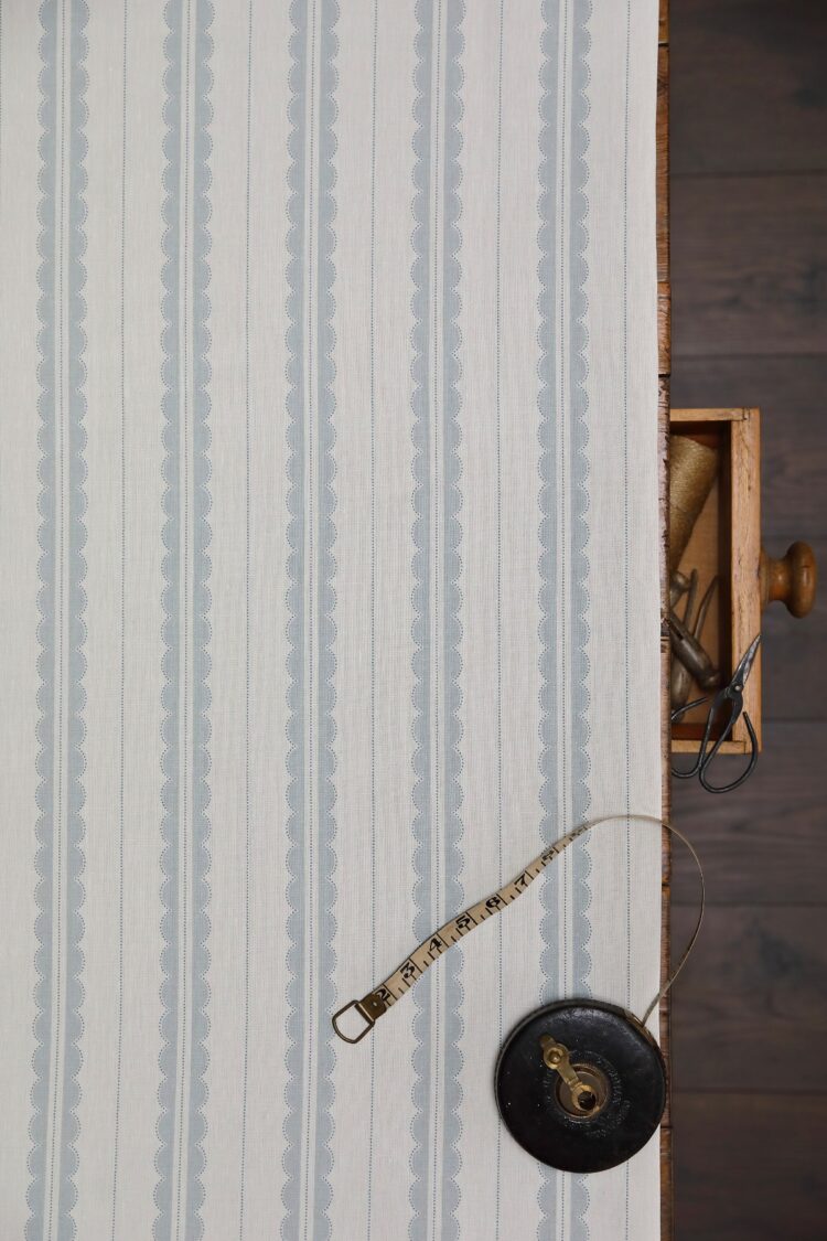 Scallop Vertical Ticking Bamburgh Blue + Blava on Ivory Linen