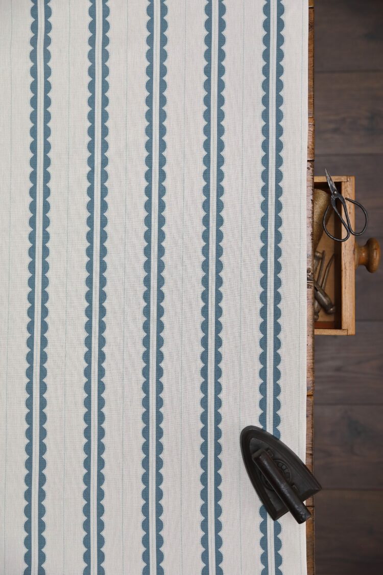 Scallop Vertical Ticking Blava Blue + Parma Blue Dots On Ivory Linen