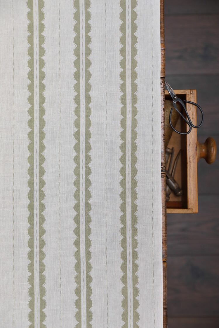 Scallop Vertical Ticking Olive (Mid)  on Ivory Linen