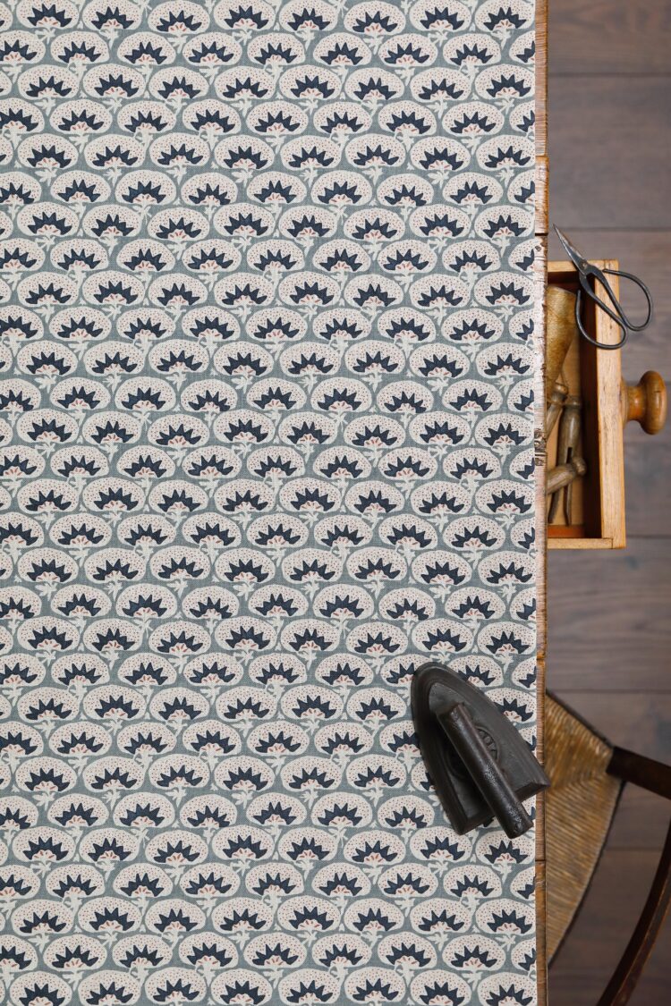 Laguna Steel Blue, Navy and Pink on Stone Linen