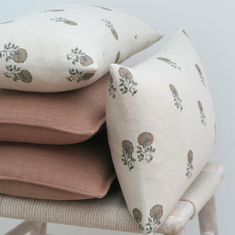 Stunning Handmade Anni Cushion in Moss and Stone on Stone Linen