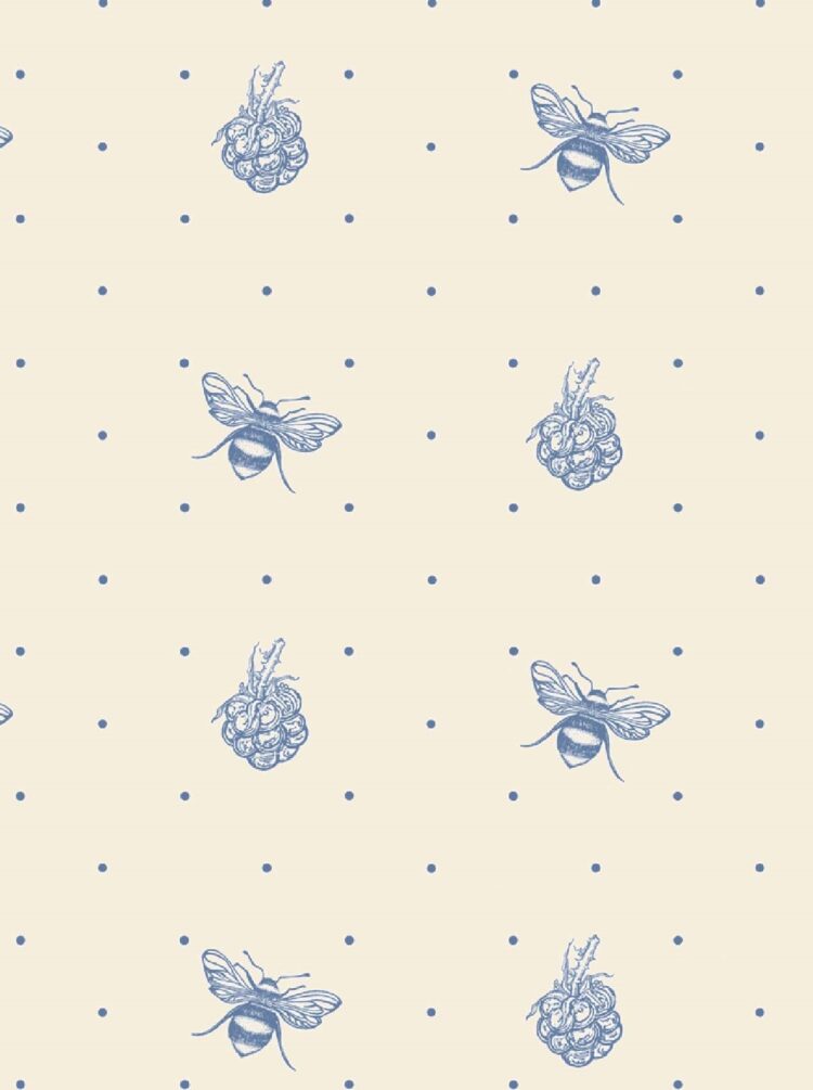 Bee and Blackberry Delft Blue on Ivory Wallpaper