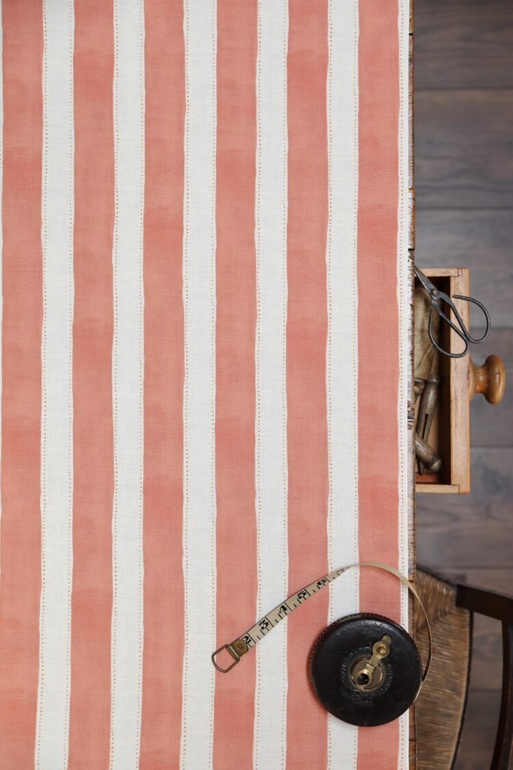 Dotted Tent Stripe Soft Red Clay on Cream Linen