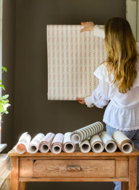 Wave + Dot Wallpaper Mulberry Pink + Straw