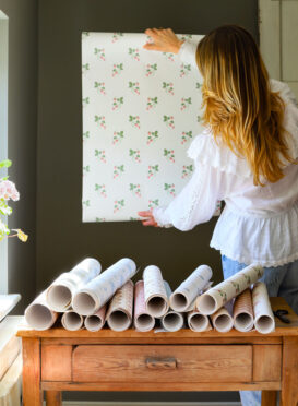 Strawberry in Peony and Sage Wallpaper