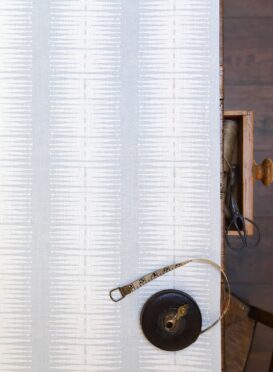 Montauk Diamond Stripe Light Blue Grey on Luxurious Double Cream Linen