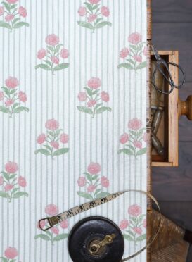 Poppi With Eucalyptus Stripe and English Pinks on Ivory Linen