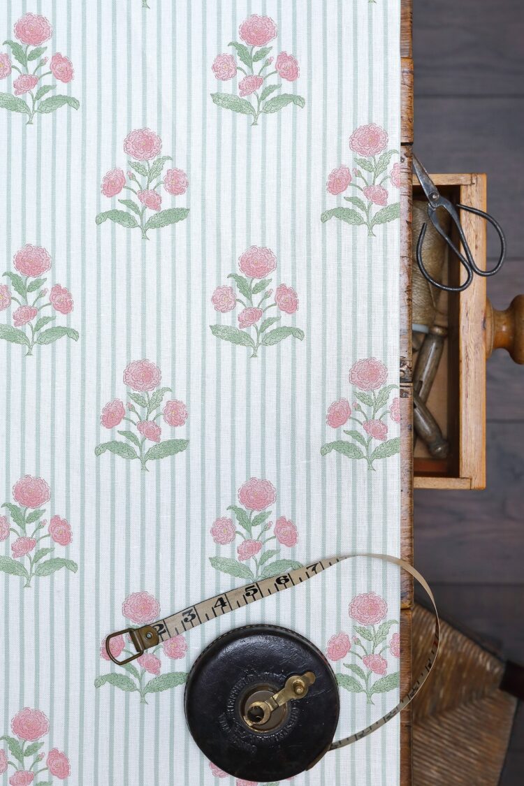 Poppi With Eucalyptus Stripe and English Pinks on Ivory Linen
