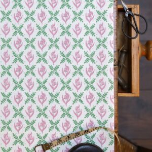 Tulip Trellis Green + Pink on White Linen Union